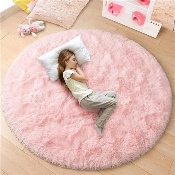 Pink Round Rug 5x5Feet Fluffy Soft Area Rugs for Kids Girls Room Princess Castle - Picture 1 of 6